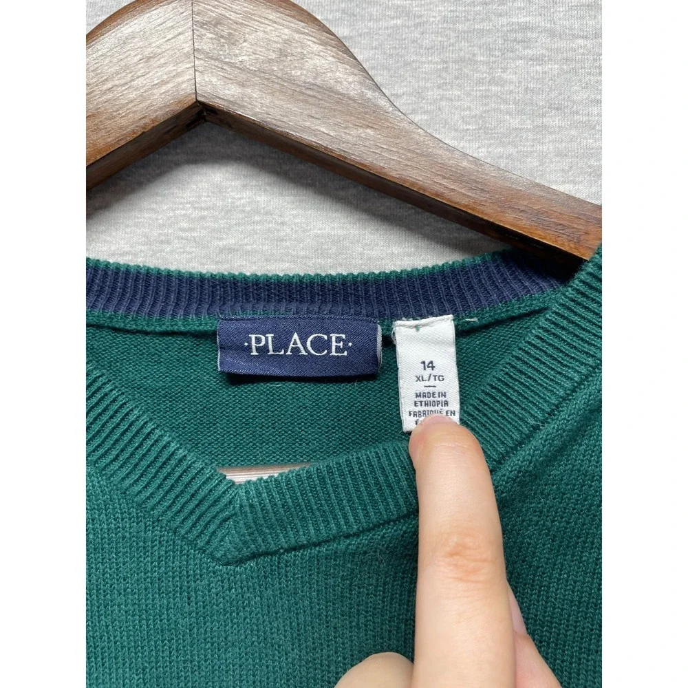 The Children's Place Sweater Boys XL 14 Spruce Green Cotton Ribbed Trim V-Neck
